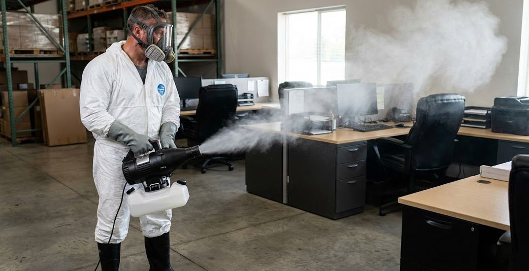 ULV fogger machine in use disinfecting room