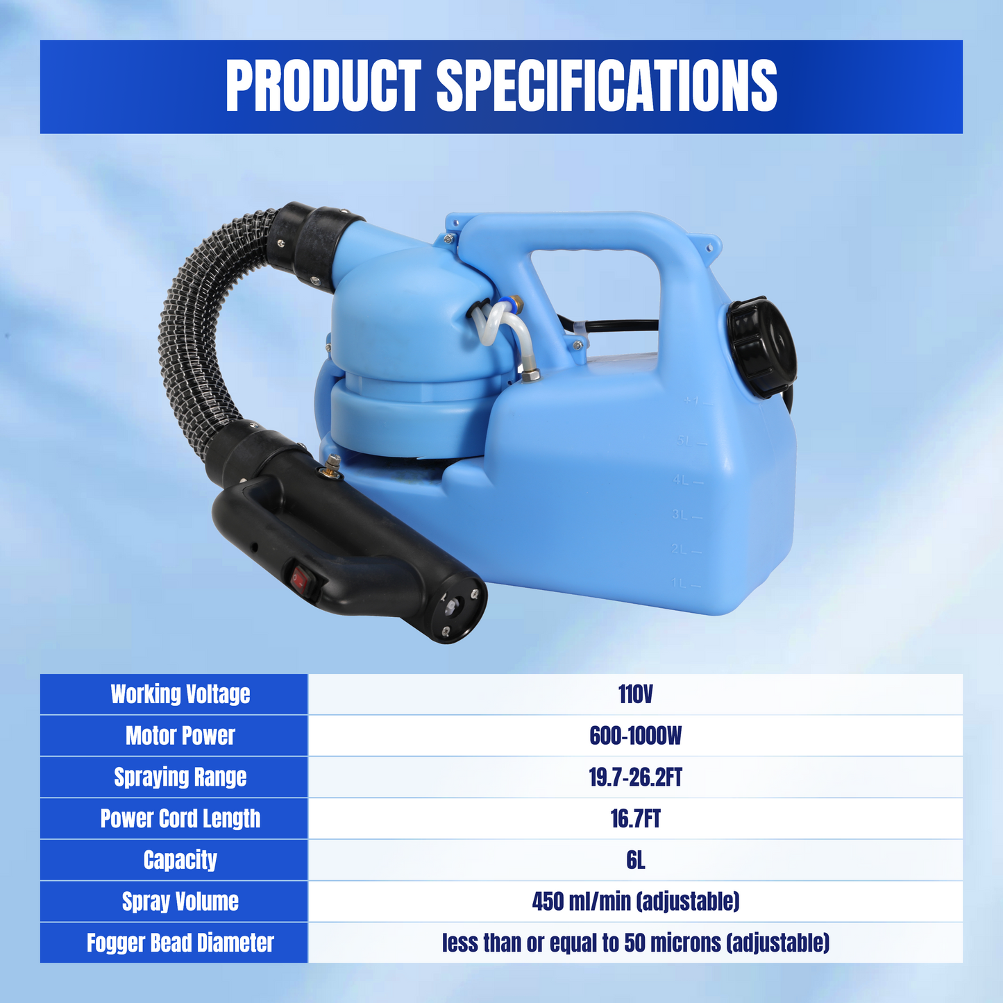 6L (1.58 Gallon) Electric ULV Fogger Machine, 1200W Portable Sprayer with Adjustable Particle Size