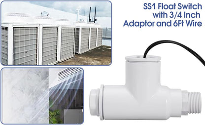 4PACK SS1 Float Switch Condensate Overflow Switch with 3/4 Inch Adaptor and 6FT Wire for HVAC Drain Pan Condensate for condensate Overflow Detection