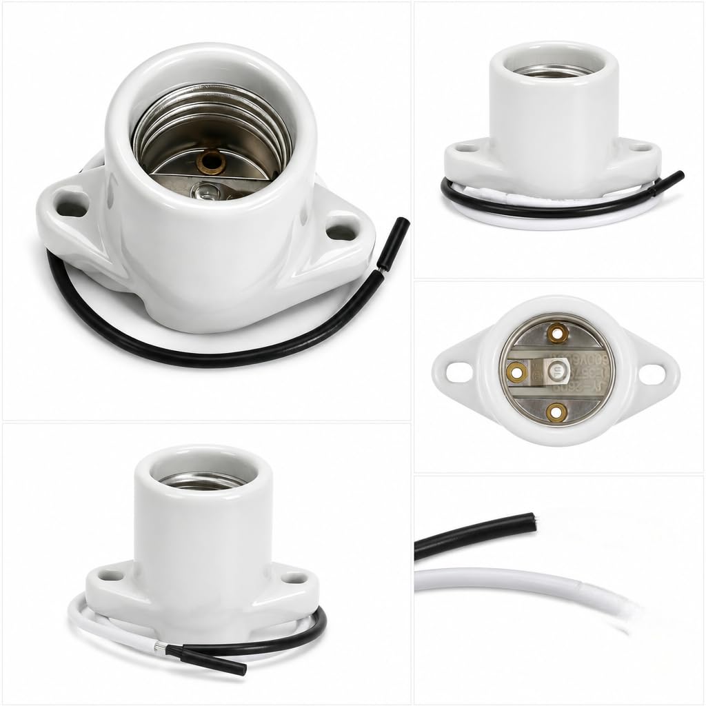 Lamp Holder Light Base Socket Keyless Medium Porcelain Screw Threaded Socket with 6" Leads and Two Hole Flange Mounting for Garage for Closet Lighting (10Pack)