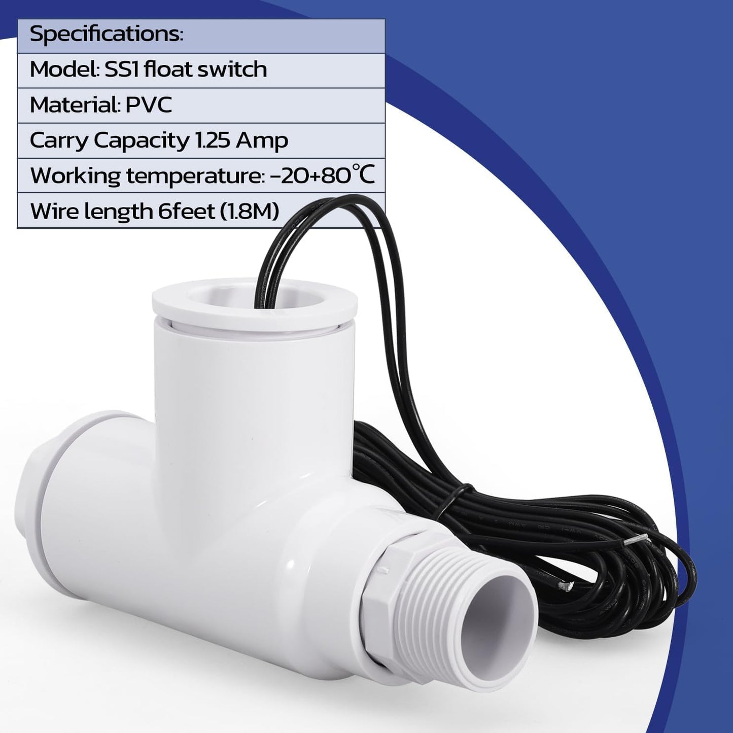 SS1 Float Switch Condensate Overflow Switch with 3/4 Inch Adaptor and 6FT Wire for HVAC Drain Pan Condensate for condensate Overflow Detection (6Pack)