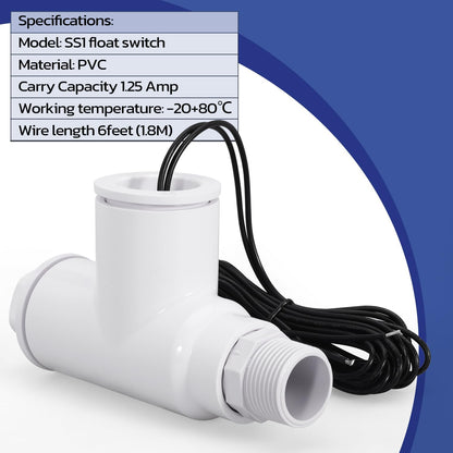 SS1 Float Switch Condensate Overflow Switch with 3/4 Inch Adaptor and 6FT Wire for HVAC Drain Pan Condensate for condensate Overflow Detection (6Pack)