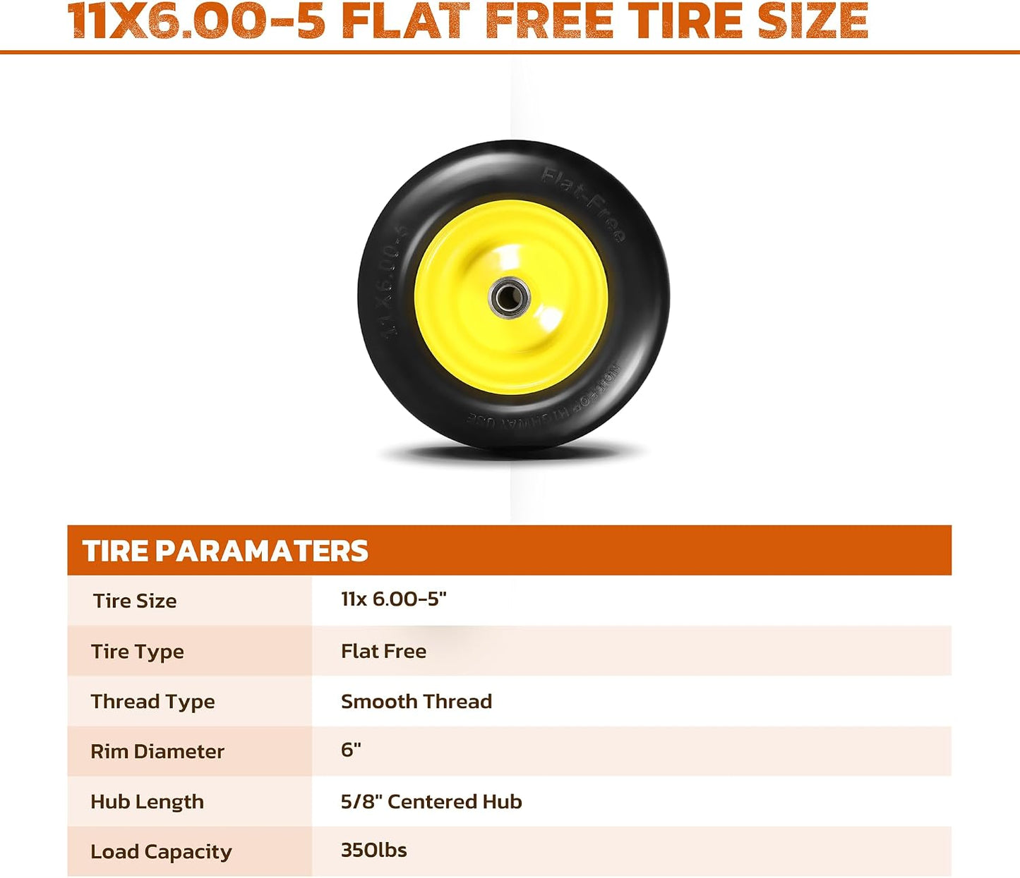 11x6.00-5 Flat Free Tire, Lawn Mower Tires Assembly with 3/4"", 5/8"", 1/2"" Bearings for Bad Boy, for Zero Turn Lawn Mower Tires, for Go Kart Cub Cadet Front Wheel and Tire, 2 Pack