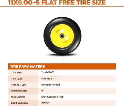 11x6.00-5 Flat Free Tire, Lawn Mower Tires Assembly with 3/4"", 5/8"", 1/2"" Bearings for Bad Boy, for Zero Turn Lawn Mower Tires, for Go Kart Cub Cadet Front Wheel and Tire, 2 Pack