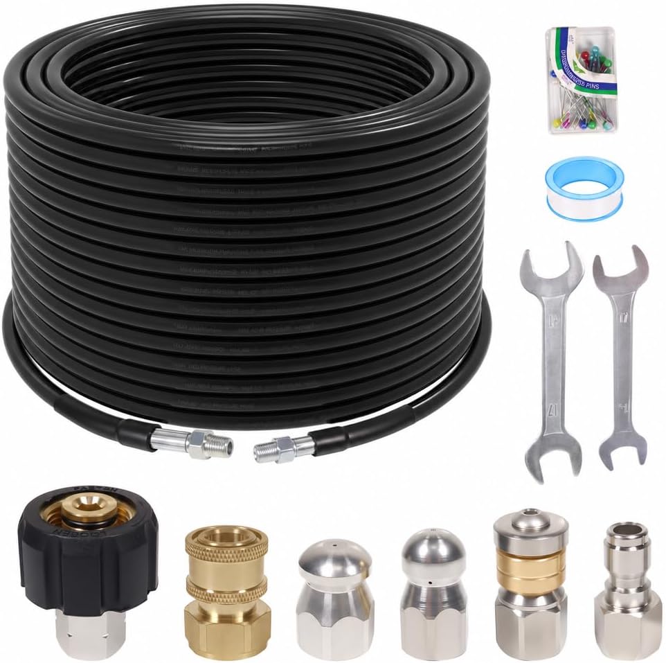 200FT Sewer Jetter Kit for Pressure Washer, 5800PSI, 1/4 Inch NPT Drain Cleaner Hose Sewer Jetting with Rotating Corner Button Nose Nozzle for Pipe Cleaning