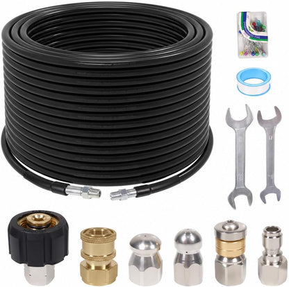 150FT Sewer Jetter Kit for Pressure Washer, 5800PSI, 1/4 Inch NPT Drain Cleaner Hose Sewer Jetting with Rotating Corner Button Nose Nozzle for Pipe Cleaning