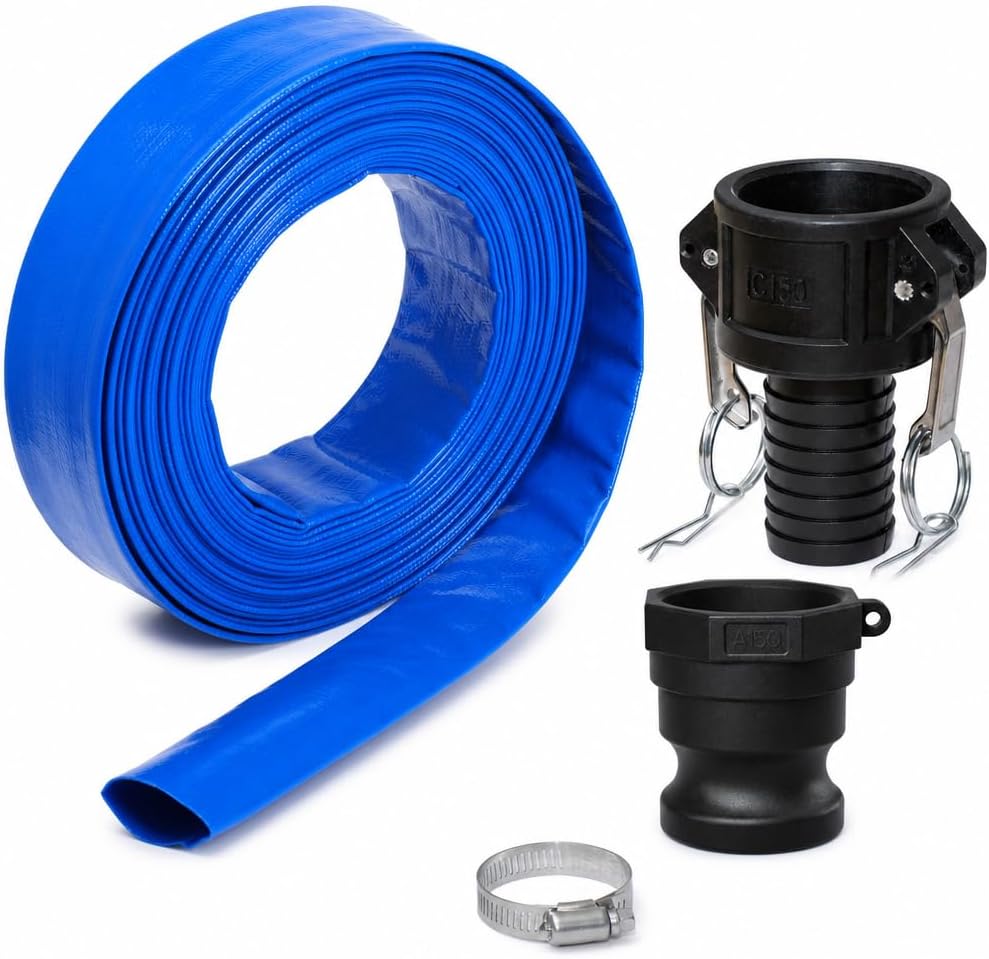 Pool Backwash Drain Hose Lay Flat Discharge Hose 1-1/2" x 25ft Reinforced Drain Pipe with Camlock Fittings for Pump Pool Drainage Includes 150A Adapter and Stainless Steel Clamp