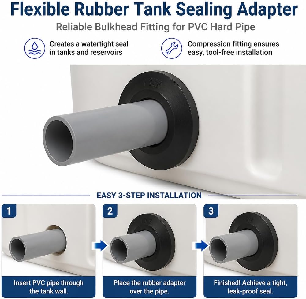 2 Pack 3/4in and 1.5in Uniseal Flexible Rubber Tank Sealing Adapter Bulkhead Fitting Compression Fittings for PVC Hard Pipe