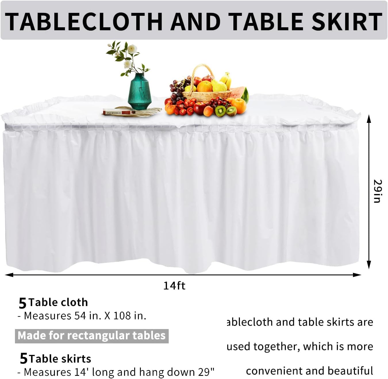 5 Pack Plastic Table Skirts for Rectangle Tables with 5 Pack Table Cloths, Blue Tableskirts and 54" x 108" Tablecloths, Disposable Tablecloth Skirt Table Covers for Party Birthday Baby Shower
