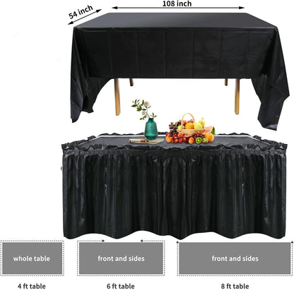 5 Pack Plastic Table Skirts & Cloths for Rectangle Tables, 14 Ft Blue Tableskirts & 54" x 108" Tablecloths - Tablecloth Skirt Covers for Party, Birthday, Baby Shower (Black)