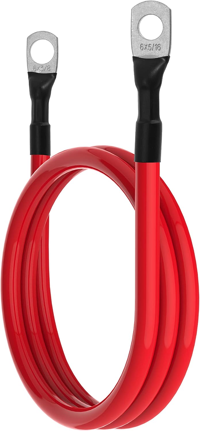 6 AWG Battery Cables 6 Gauge Battery Inverter Cables with 3/8 Inch and 5/16 Inch Lugs Each End for Solar Marine RV Car SUV Truck Tractor Motorcycle 2pcs (3FT, 6 AWG)