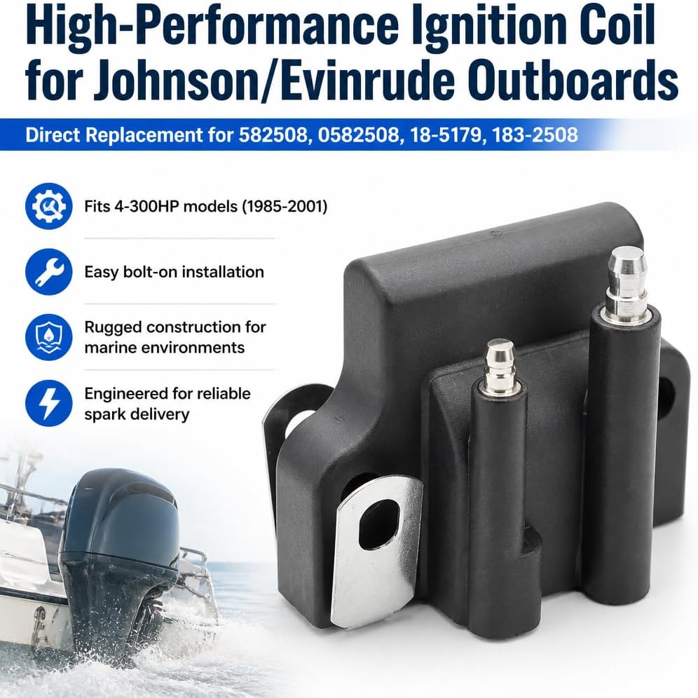 582508 18-5179 Ignition Coil Fits for Johnson Evinrude 6hp 15hp 70hp 85hp 88hp 90hp 115hp 120hp 125hp 1985-2001 Replaces 18-5179 0582508 183-2508