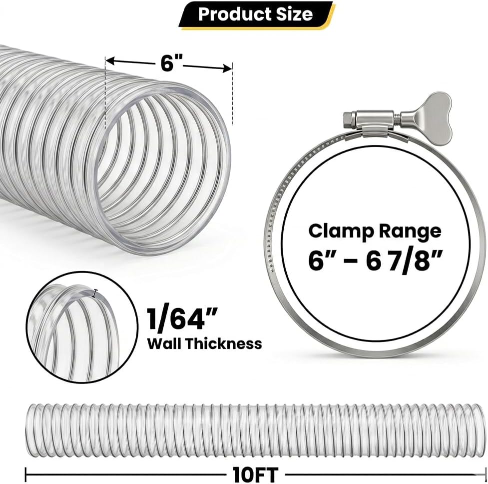 6" x 10' Heavy Duty Dust Collection Hose, Thickened Clear PVC Flexible Hose with Steel Wire Reinforced, Puncture Resistant for Woodworking Dust Collector System