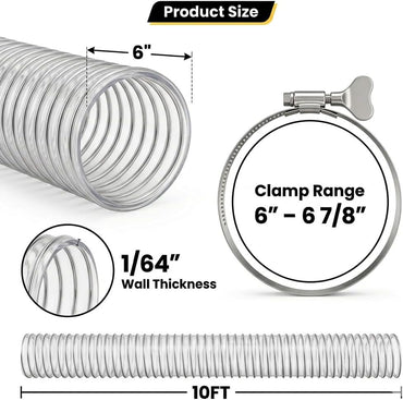 6" x 10' Heavy Duty Dust Collection Hose, Thickened Clear PVC Flexible Hose with Steel Wire Reinforced, Puncture Resistant for Woodworking Dust Collector System