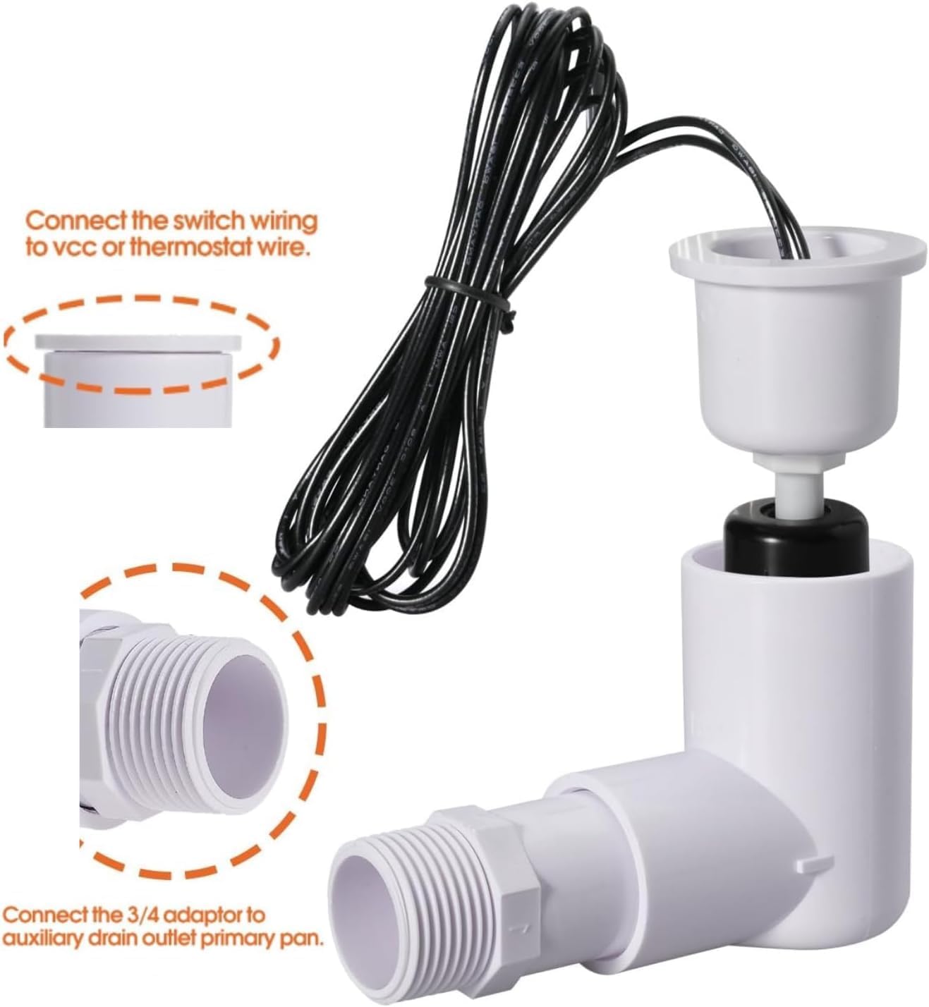 Float Switch SS2 L-Shape with 3/4 Inch Adaptor and 6Ft Wire Water Float Switch for HVAC Drain Pan Condensate Outlet (2Pack)
