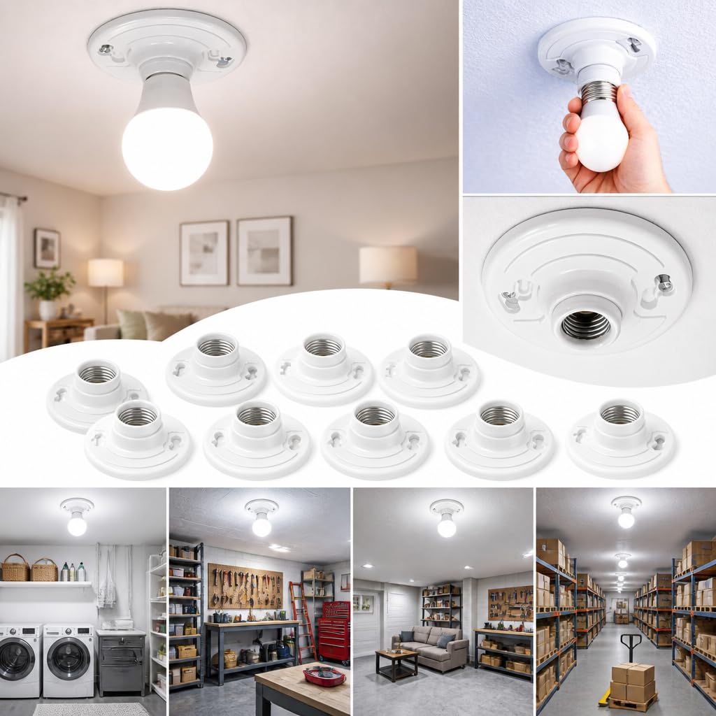 20 Pack for E26 for E27 Light Base Socket Keyless Lamp Base Holder White Ceiling Bulb Socket 660W Outlet Box Mount for Incandescent for LED for Fluorescent Bulbs Indoor Outdoor Use