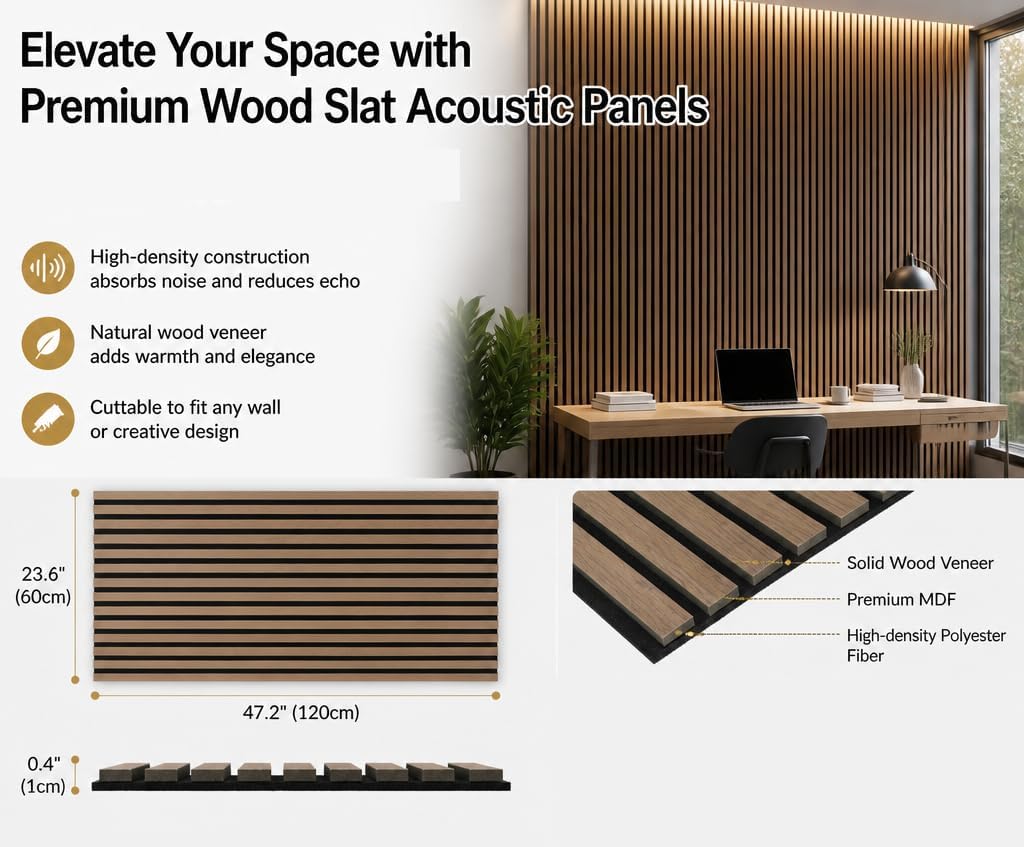 Large Wood Slat Acoustic Panels for Wall Sound Proof Panels for Wall Decor 47.2 x 23.6 x 0.4 Inch Wood Veneer Panels for Bedroom Home Studio Office (Walnut, 5 Pack)