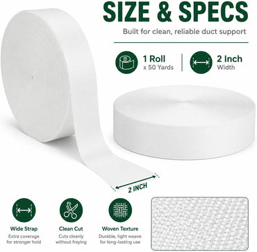 Heavy Duty Duct Strap, 1.95 in x 147 ft Nylon Webbing for HVAC Duct, Durable Support Band for Building Non-Conductive, Fast Installation, Multiple Duct Types, 100YD White