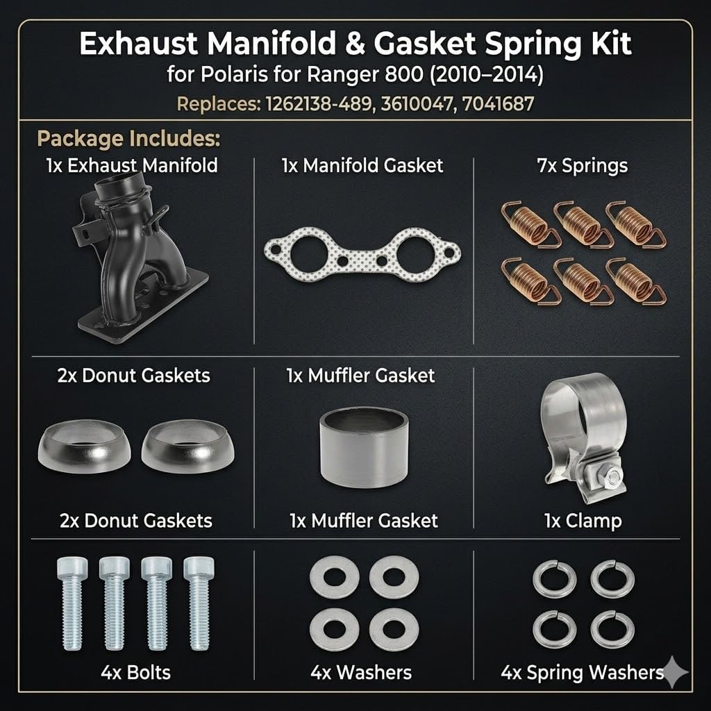 1262138-489 Exhaust Manifold with Exhaust Pipe Donut Gasket Seal Spring Kit for Polaris for Ranger 800 for Polaris for Ranger for Crew HD XP 800 2010 2011 2012 2013 2014