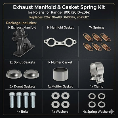 1262138-489 Exhaust Manifold with Exhaust Pipe Donut Gasket Seal Spring Kit for Polaris for Ranger 800 for Polaris for Ranger for Crew HD XP 800 2010 2011 2012 2013 2014