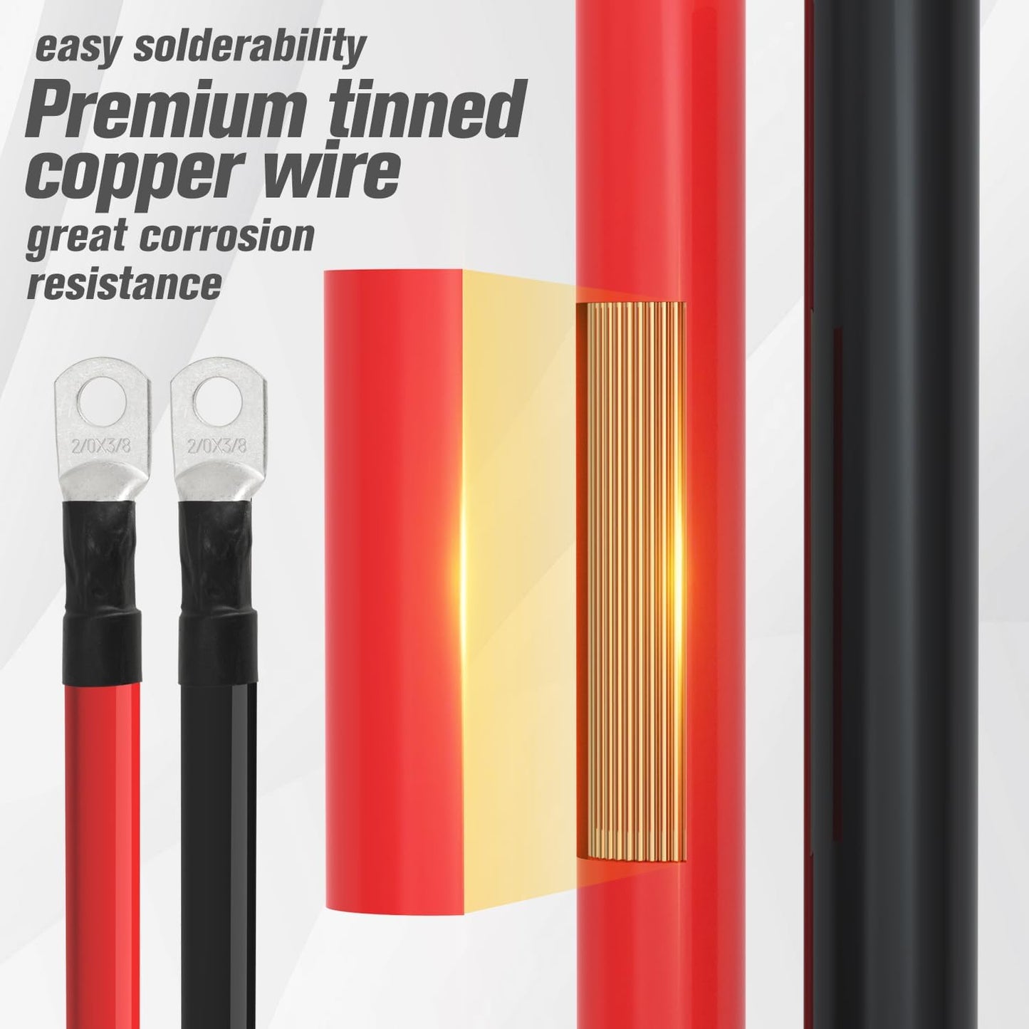 2/0 AWG Battery Cable 2/0AWG Gauge Battery Inverter Cables for Automotive Solar Marine Boat RV Car Motorcycle (2/0 AWG, 2FT, 3/8")