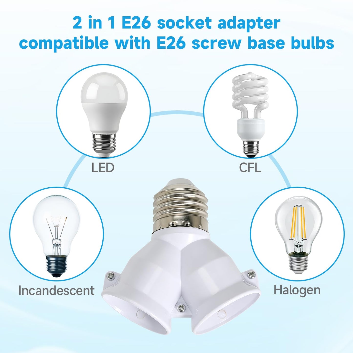 2 in 1 E26 Twin Light Bulb Socket Splitter Adapter, 2 E26 Standard Medium Base Bulbs in 1 Socket,Y-Shape Lamp Holder Converter,Maximum 200W 165℃ Heat Resistant,Ceiling Light Base Lamp,10 Pcs