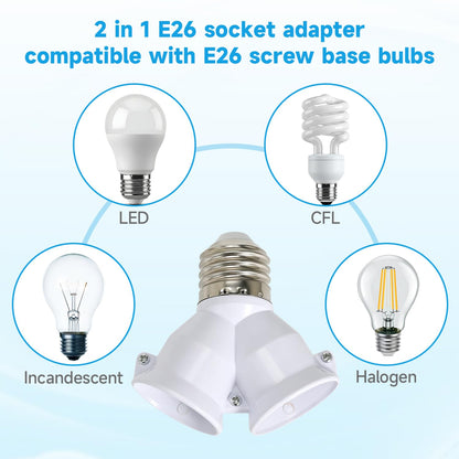 2 in 1 E26 Twin Light Bulb Socket Splitter Adapter, 2 E26 Standard Medium Base Bulbs in 1 Socket,Y-Shape Lamp Holder Converter,Maximum 200W 165℃ Heat Resistant,Ceiling Light Base Lamp,10 Pcs