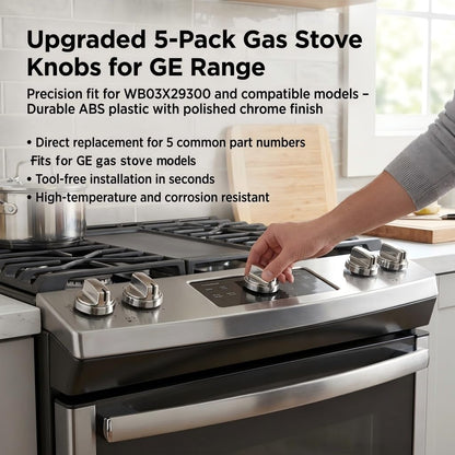 WB03X29300 Gas Stove Knobs Replace for GE Stainless Steel Stove Gas Range Knobs Compatible with JGP3030SL2SS JGP3036SL1SS JGP3530SL1SS JGP5530SL1SS JGP5536SL1SS AP6301265 4585904 (Silvery-5 Pack)