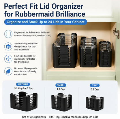 frtzal Food Container Lid Organizer,3-Pack – Compatible with Rubbermaid Brilliance Snap-On Lids, Stackable Lid Holder Rack, Kitchen Storage Holder 4.7 Cup,3.2 Cup,1.3 Cup. 0.5 Cup Container (black)