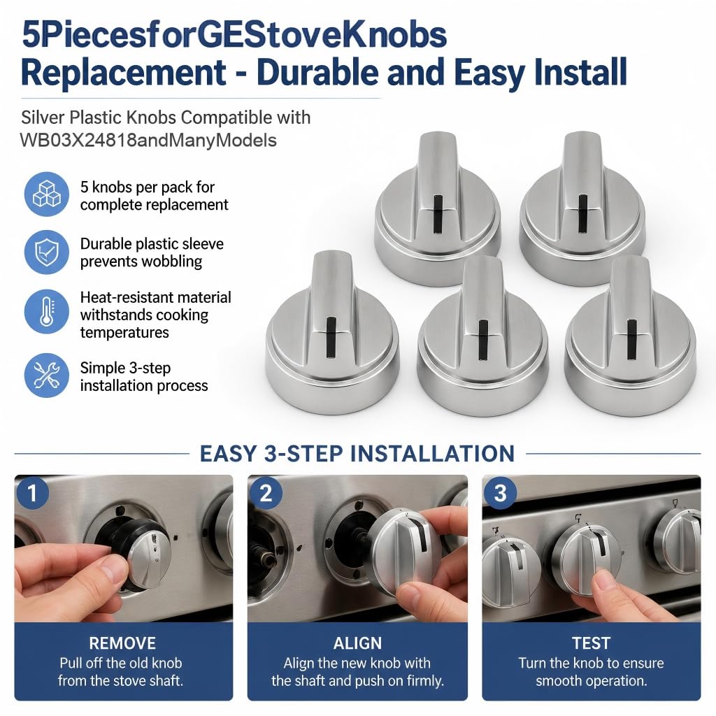 WB03X24818 Gas Stove Knobs Replace for GE Stainless Steel Stove Gas Range Compatible with JGB6, JGB7, JGB8, JGBS Series PS11729081 AP5989029 (Silvery-10 Pack)