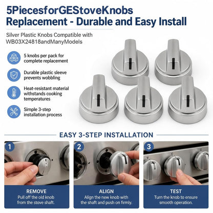 WB03X24818 Gas Stove Knobs Replace for GE Stainless Steel Stove Gas Range Compatible with JGB6, JGB7, JGB8, JGBS Series PS11729081 AP5989029 (Silvery-10 Pack)
