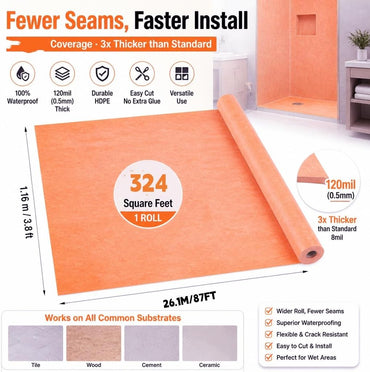 Waterproof Membrane for Shower 3.8 ft x 87ft/324 Square Feet Waterproofing Shower Membrane 20mil Thickness Waterproof for Sauna Bathroom Walls Tile Underlayment (324 SQ FT-20 mils)