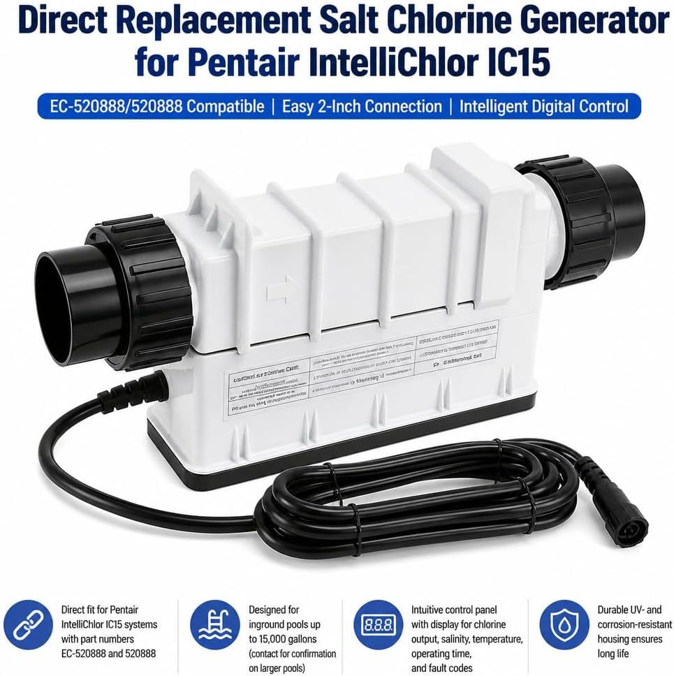 Salt Cell Saltwater Chlorine Generator, Replace EC-520888 520888 for Pentair IntelliChlor IC15 Power Center, Salt Chlorinator System for Inground Pools up to 15000 Gallons