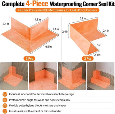 Waterproofing Seal Kit, 2 Inside Waterproofing Membrane and 2 Pcs Outside Waterproofing Corner Polyethylene Seamless Membrane for Shower Bathroom Bathtub Walls and Surrounds