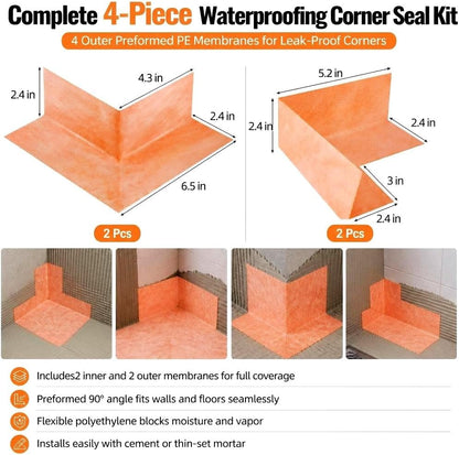 Waterproofing Seal Kit, 2 Inside Waterproofing Membrane and 2 Pcs Outside Waterproofing Corner Polyethylene Seamless Membrane for Shower Bathroom Bathtub Walls and Surrounds