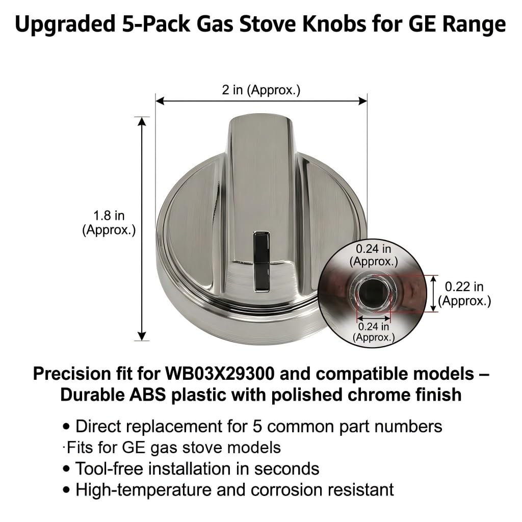 WB03X29300 Gas Stove Knobs Replace for GE Stainless Steel Stove Gas Range Knobs Compatible with JGP3030SL2SS JGP3036SL1SS JGP3530SL1SS JGP5530SL1SS JGP5536SL1SS AP6301265 4585904 (Silvery-5 Pack)