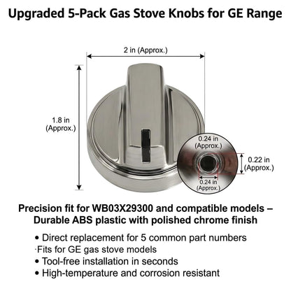 WB03X29300 Gas Stove Knobs Replace for GE Stainless Steel Stove Gas Range Knobs Compatible with JGP3030SL2SS JGP3036SL1SS JGP3530SL1SS JGP5530SL1SS JGP5536SL1SS AP6301265 4585904 (Silvery-5 Pack)