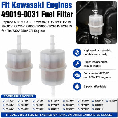 Fuel Filter Replace 49019-0031 490190031 for Kawasaki EFI FR541V FR600V FR651V FR691V FX730V FX850V FX850V FX921V FX921V FXT00V (Pack of 2)