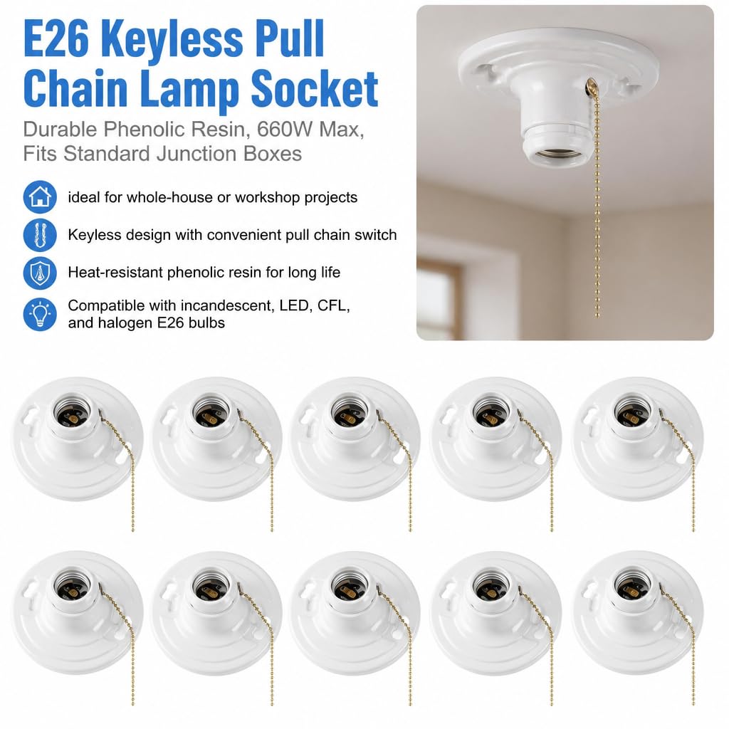 20 Pack for E26 Light Base Socket with Pull Chain Keyless Lamp Base Holder White Ceiling Bulb Socket 660W Outlet Box Mount for Incandescent for LED for Fluorescent Bulbs Indoor Outdoor Use