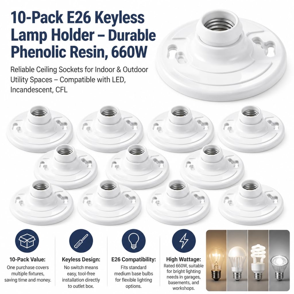 10 Pack for E26 for E27 Light Base Socket Keyless Lamp Base Holder White Ceiling Bulb Socket 660W Outlet Box Mount for Incandescent for LED for Fluorescent Bulbs Indoor Outdoor Use