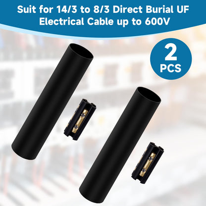 Underground Wire Splice Kit Suit for 14/3 to 8/3 Direct Burial UF Electrical Cable - 600V Max with Heat Shrink Tube and Connector, 2 Set