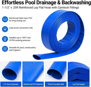 Pool Backwash Drain Hose Lay Flat Discharge Hose 1-1/2" x 25ft Reinforced Drain Pipe with Camlock Fittings for Pump Pool Drainage Includes 125F 125A 150F 150A Adapter and Clamp