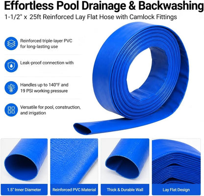 Pool Backwash Drain Hose Lay Flat Discharge Hose 1-1/2" x 25ft Reinforced Drain Pipe with Camlock Fittings for Pump Pool Drainage Includes 125F 125A 150F 150A Adapter and Clamp