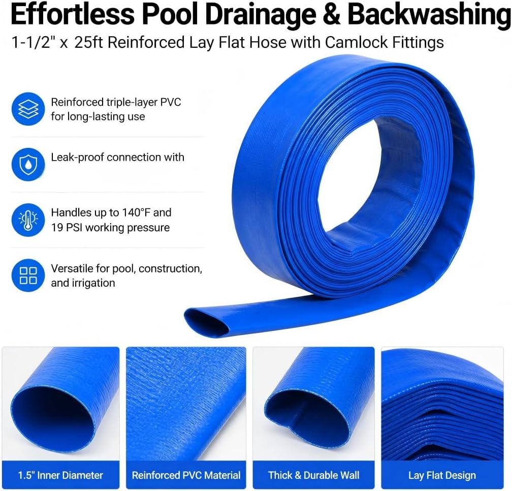 Pool Backwash Drain Hose Lay Flat Discharge Hose 1-1/2" x 25ft Reinforced Drain Pipe with Camlock Fittings for Pump Pool Drainage Includes 125F Adapter and Stainless Steel Clamp