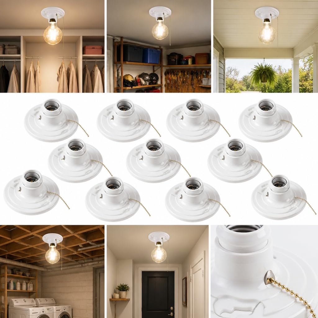 20 Pack for E26 Light Base Socket with Pull Chain Keyless Lamp Base Holder White Ceiling Bulb Socket 660W Outlet Box Mount for Incandescent for LED for Fluorescent Bulbs Indoor Outdoor Use