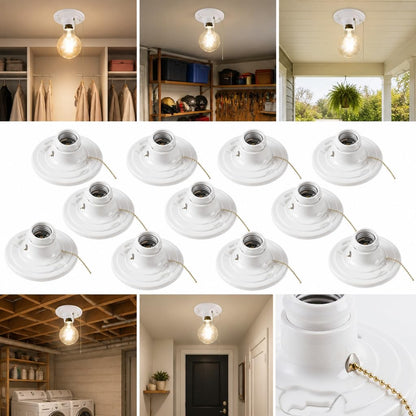 20 Pack for E26 Light Base Socket with Pull Chain Keyless Lamp Base Holder White Ceiling Bulb Socket 660W Outlet Box Mount for Incandescent for LED for Fluorescent Bulbs Indoor Outdoor Use