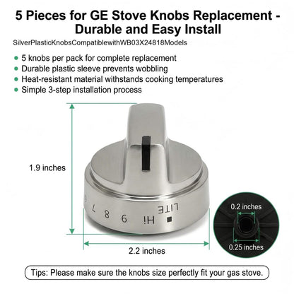 WB03X24818 Gas Stove Knobs Replace for GE Stainless Steel Stove Gas Range Compatible with JGB6, JGB7, JGB8, JGBS Series PS11729081 AP5989029 (Silvery-10 Pack)