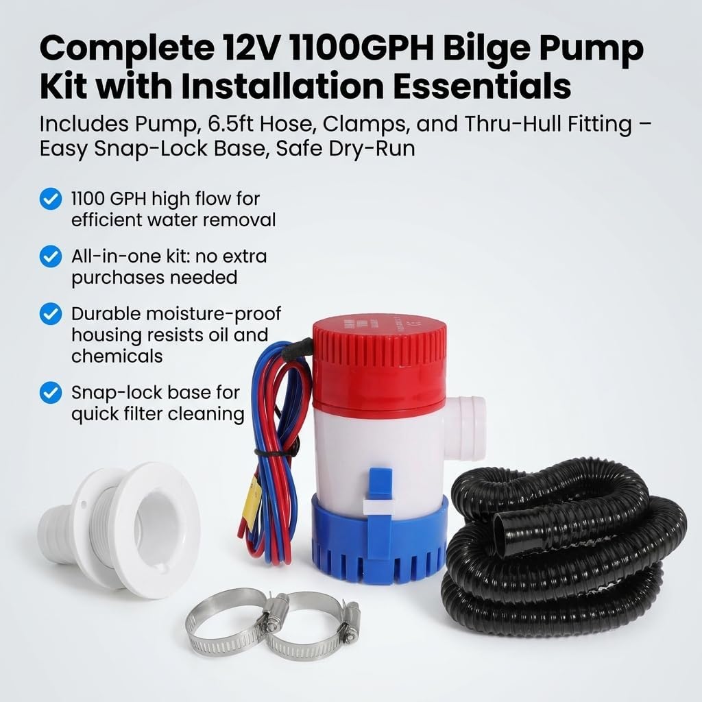 Boat Bilge Plumbing Kit 1-1/8 Inch Dia 12V Non-automatic Bilge Pump kit 1100 GPH with 6FT PVC Bilge Pump Hose (Straight Elbow)