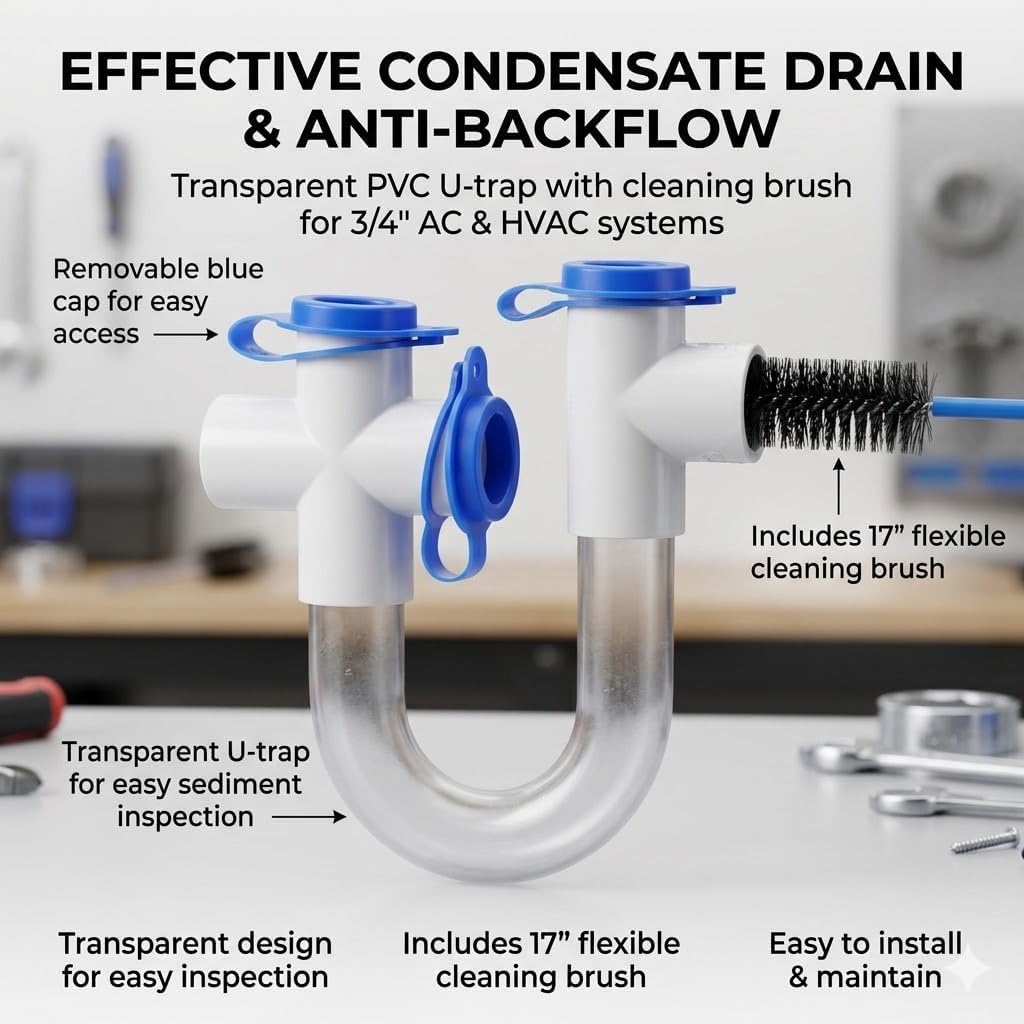 3/4" Standard Condensate Trap with 17" Cleaning Brush PVC Transparent U Trap for HVAC Systems, Air Conditioner, Effectively Drains Condensate(2PCS)