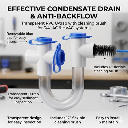 3/4" Standard Condensate Trap with 17" Cleaning Brush PVC Transparent U Trap for HVAC Systems, Air Conditioner, Effectively Drains Condensate(2PCS)